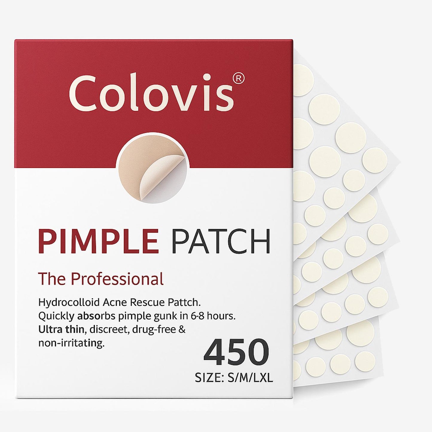 Colovis 450 Pimple Patches for Face, 4 Sizes Hydrocolloid Acne Patches for Covering Zits and Blemishes, Spot Stickers