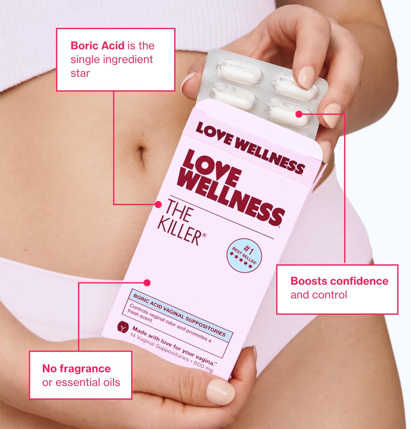 Love Wellness The Killer | Boric Acid Suppositories for Women | Vaginal Suppository for Healthy pH Balance & Vaginal Odor Control to Promote Fresh Scent | Vaginal Health Support | 14 Count
