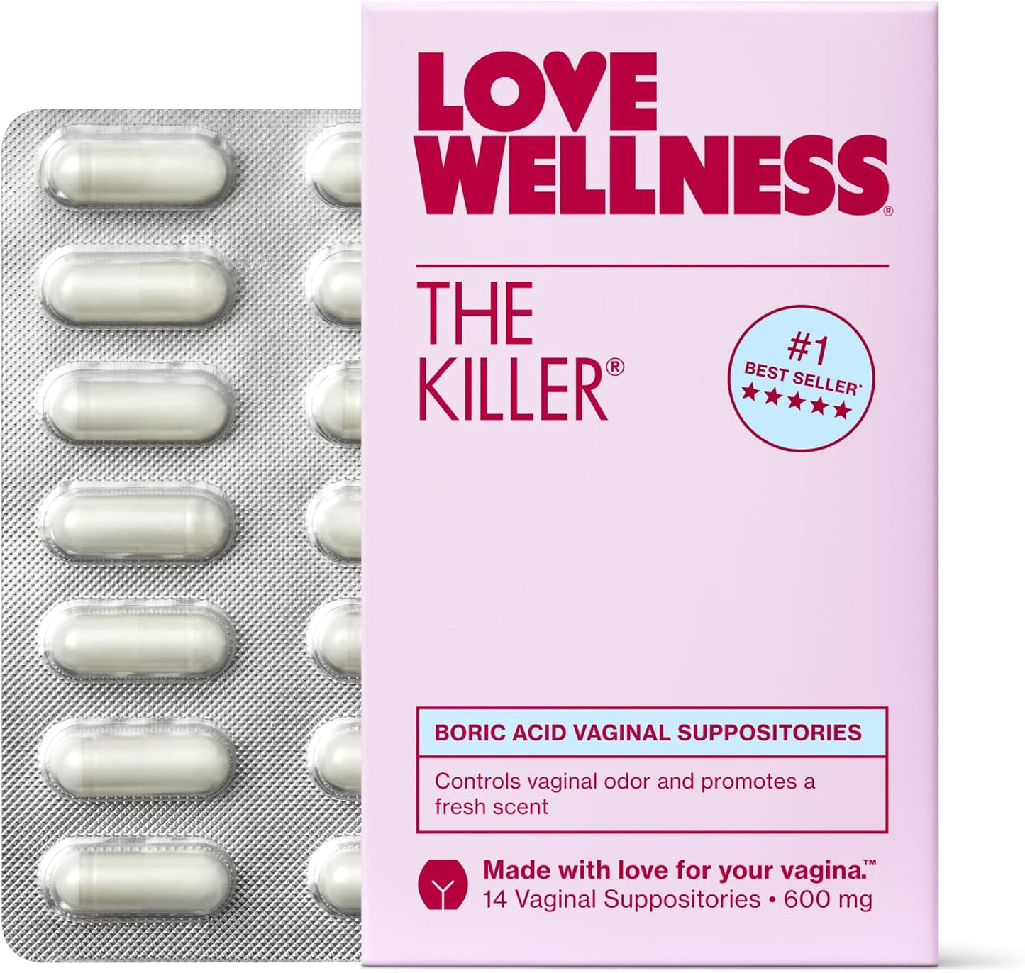 Love Wellness The Killer | Boric Acid Suppositories for Women | Vaginal Suppository for Healthy pH Balance & Vaginal Odor Control to Promote Fresh Scent | Vaginal Health Support | 14 Count