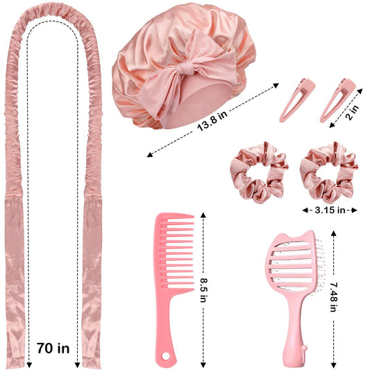 Satin Heatless Curls Overnight with Double Layer Large Satin Sleep Bonnet, 70" No Heat Hair Curlers Headband for Long Hair, 8 PCS Curling Rod Set Haircare Gift for Women
