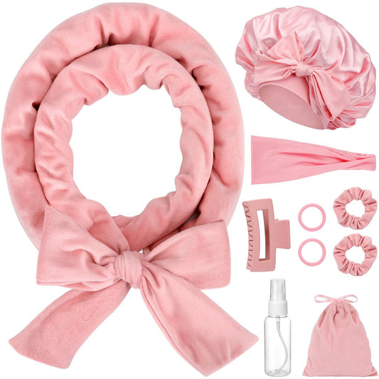 Heatless Curls Overnight with Double Layer Large Satin Sleep Bonnet, 65" No Heat Hair Curlers Headband for Long Hair, 10 PCS Curling Rod Set Haircare Gift for Women
