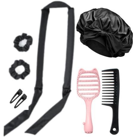 8 Sets Heatless Curls Kit with Double Layer Satin Bonnet – Hair Care Set for Sleeping, Silky Night Cap with Elastic Tie Band for Curly Hair, Includes 2 Combs