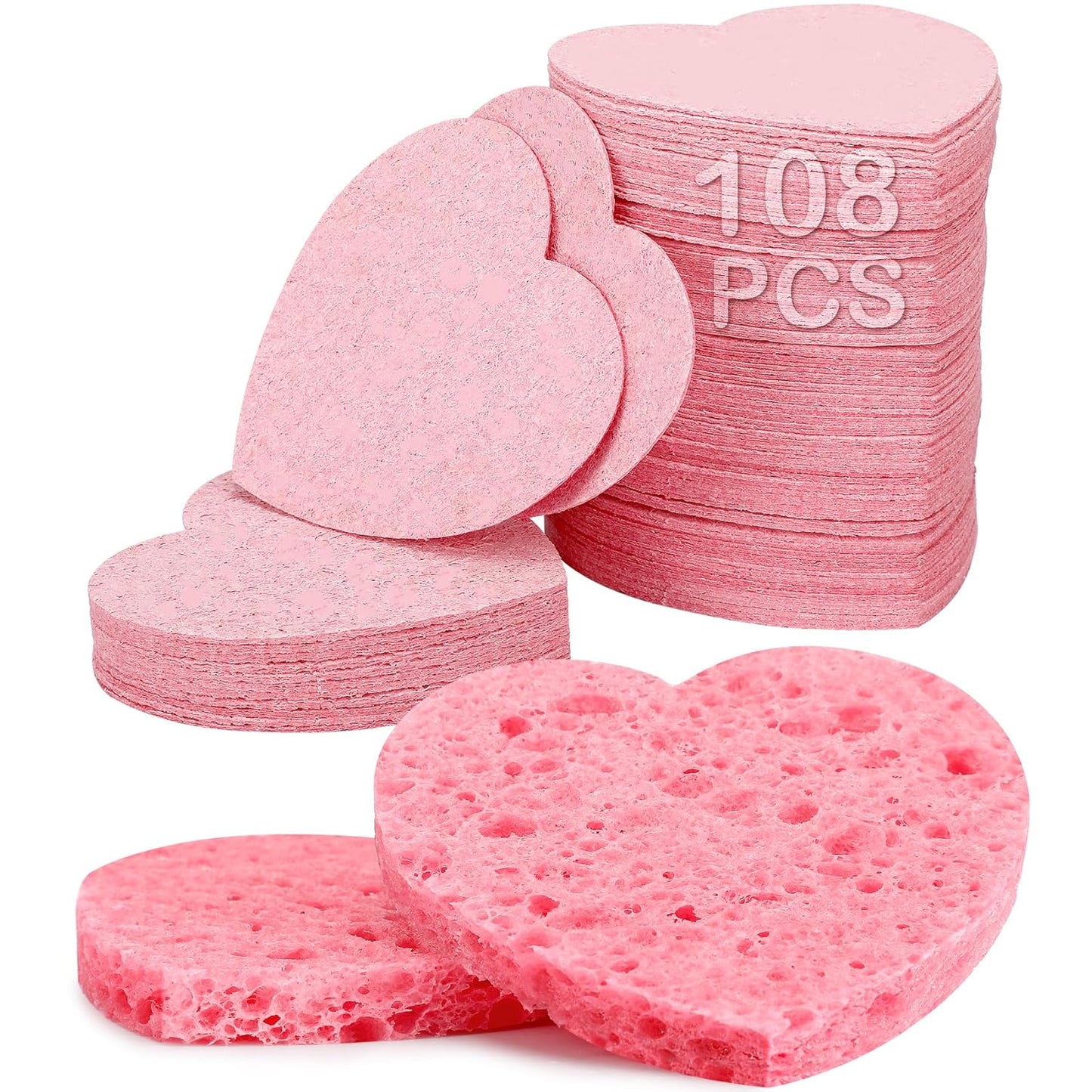 108-Count Compressed Facial Sponges for Estheticians – Cosmetic Spa Face Cleansing & Exfoliating Pads, Fan Brush Makeup Removal Sponges (Pink Heart)